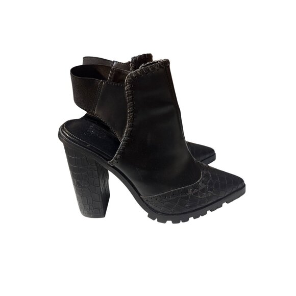 Asos 6 Black Faux Leather Croc Embossed Block Heeled Ankle Boots With Elastic St - Picture 3 of 8